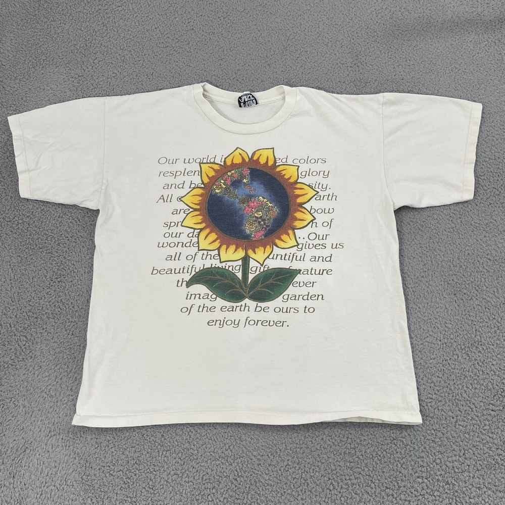 Vintage 90s Sunflowers Art Shirt XL Off White Nature Earth Short Sleeve Tee